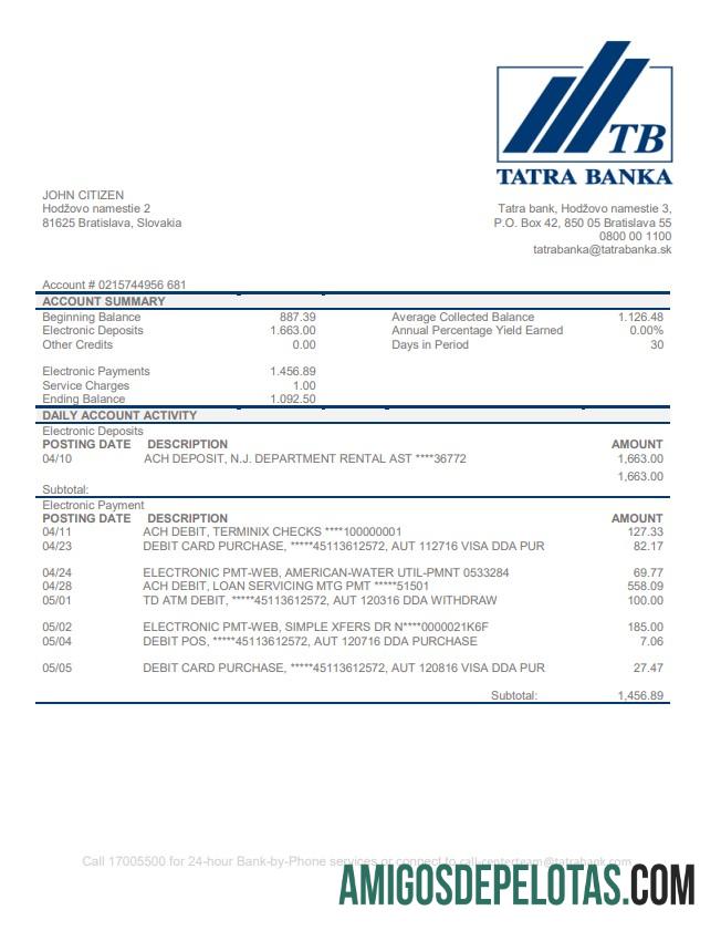 modelo de comprovante de endereço em branco da Eslováquia Tatra Bank em formato Word e PDF